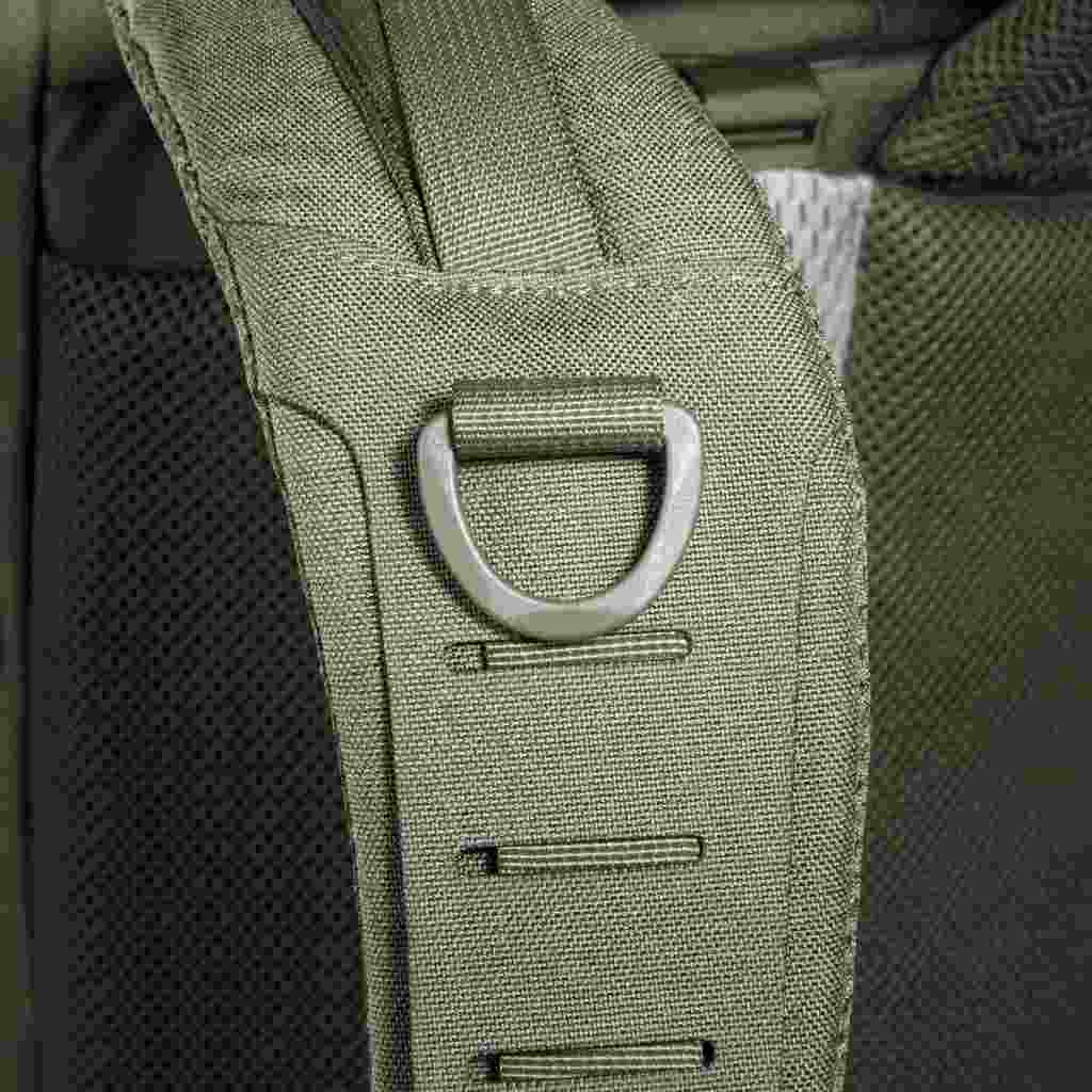 Close up of D-ring on shoulder strap of 28 litre Tasmanian Tiger sentinel pack - Olive
