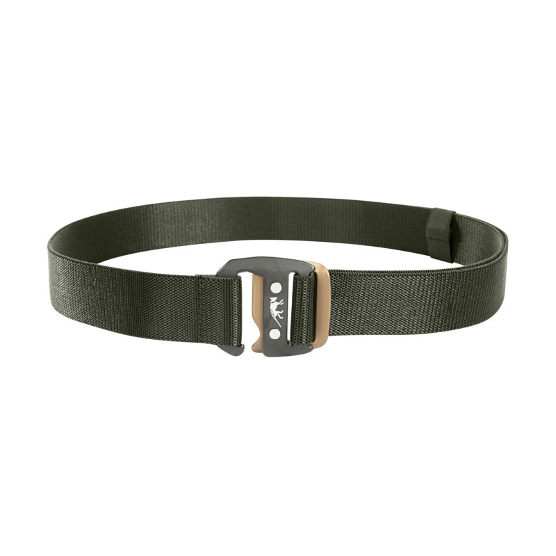 Front view of length adjustable elastic webbing Tasmanian Tiger functional EDC belt with Nickel-free aluminium hook buckle with TT logo - Stone Grey Olive
