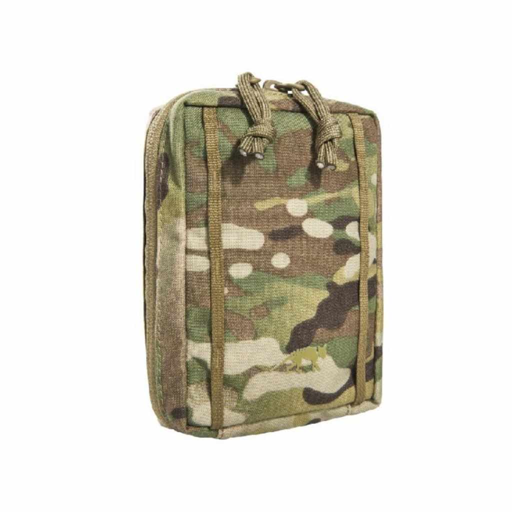 Three quarter front view of Tasmanian Tiger Tac Pouch with extra wide zipped opening with TT logo in Tan – Multicam