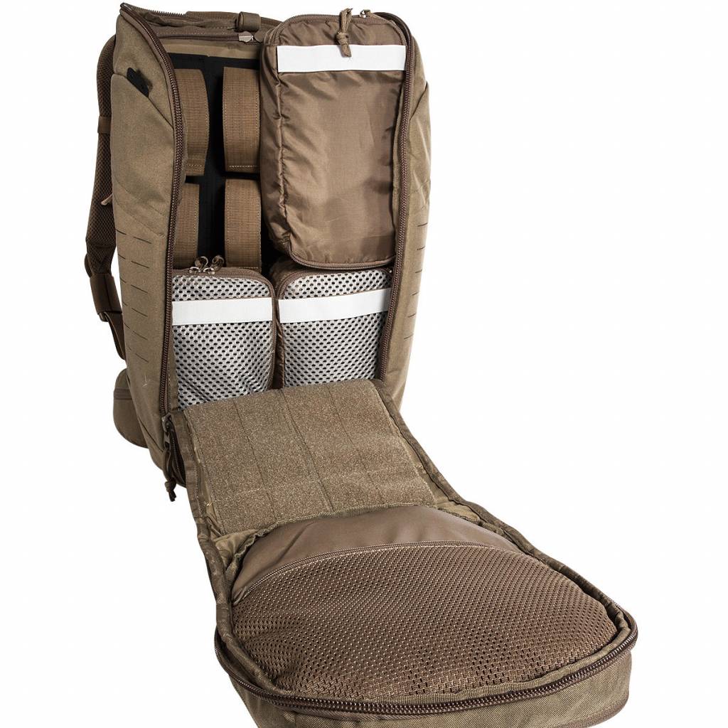 Main compartment fully unzipped to show internal MOLLE system and various zippered pockets - Coyote Brown