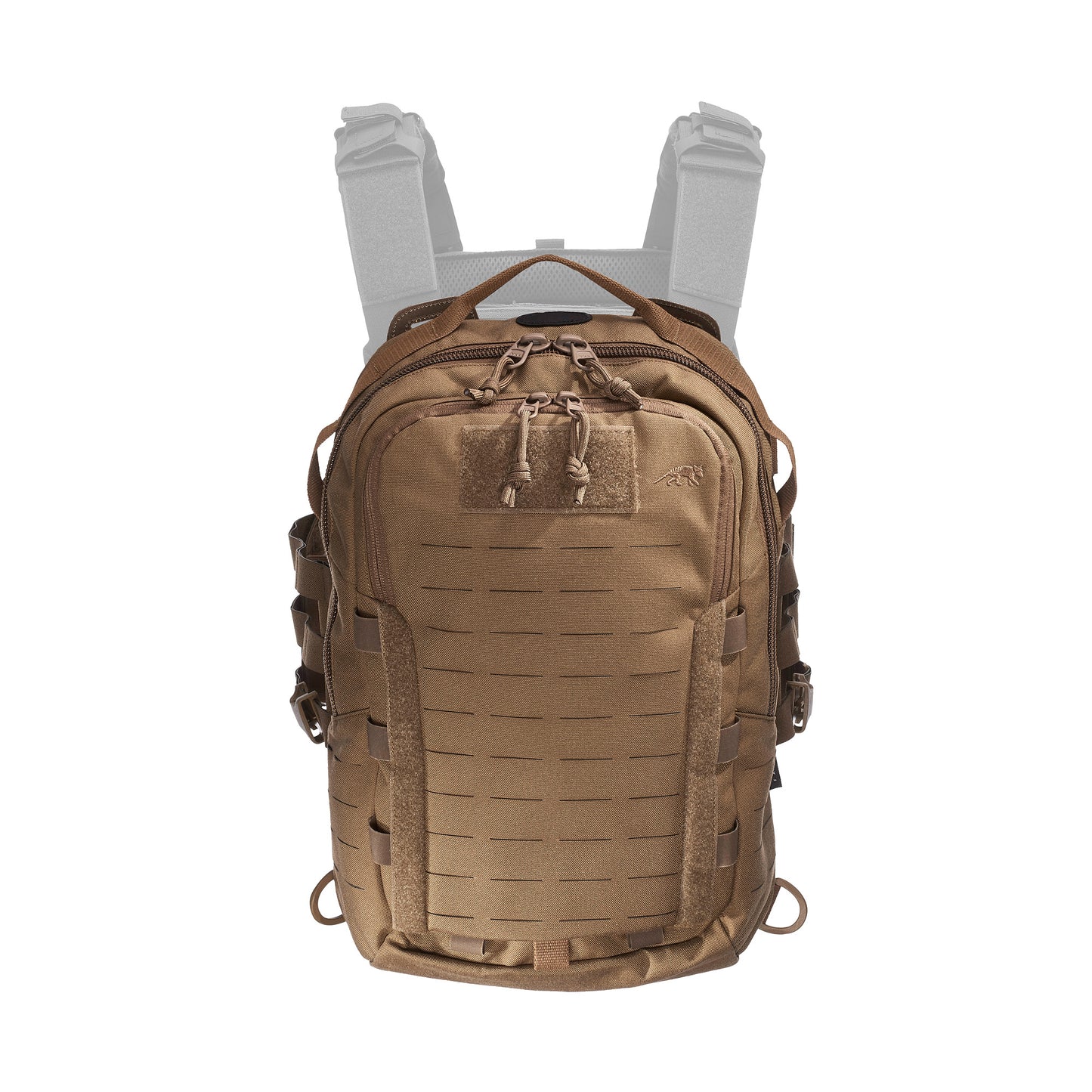 Three quarter front shot of Tasmanian Tiger Assault Pack 12 - Coyote Brown - shown with additional pouch