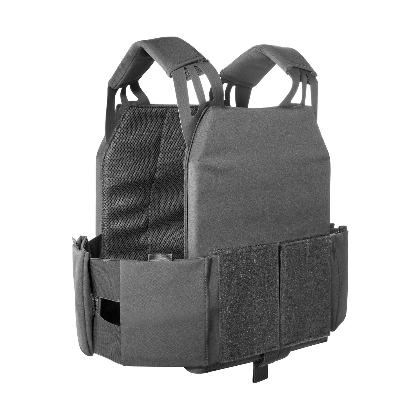 Three quarter back view of Tasmanian tiger lightweight, flat plate carrier two fixed and two removable elastic side pockets and adjustable shoulder straps - Titan Grey
