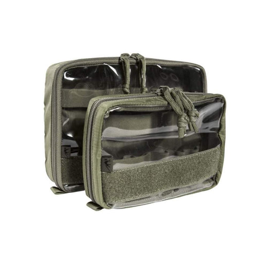 Three quarter front view of Tasmanian Tiger Medic Pouch Set VL with transparent panel, zip to flat zipper and loop panel for use with hook-and-loop identification patches - Olive | Ships Within New Zealand