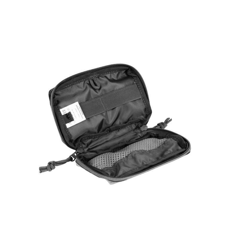 Interior of Tasmanian Tiger accessory pouch with flat mesh pockets, elastic loops and strap system to hold additional equipment - Black