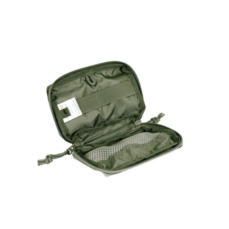 Interior of Tasmanian Tiger accessory pouch with flat mesh pockets, elastic loops and strap system to hold additional equipment - Olive