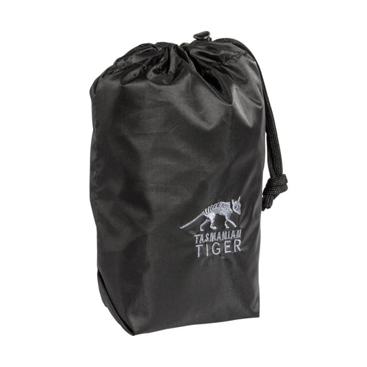 Three quarter front view of Tasmanian Tiger raincover for backpacks - with Large Tasmanian Tiger logo on the front and a drawstring close at the top - Black | Ships Within New Zealand