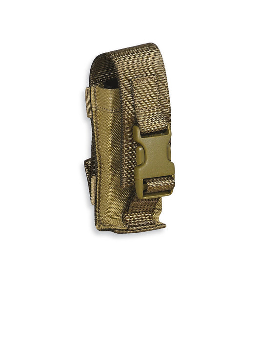 Three quarter front view of small Tasmanian Tiger tool pouch with flap locked with quick-release buckle MOLLE system - Khaki | Ships Within New Zealand
