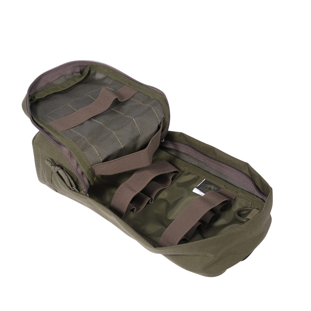 Three quarter interior view of main compartment five litre Tasmanian Tiger tac pouch with internal D-ring, elastic loops and fixation points - Olive