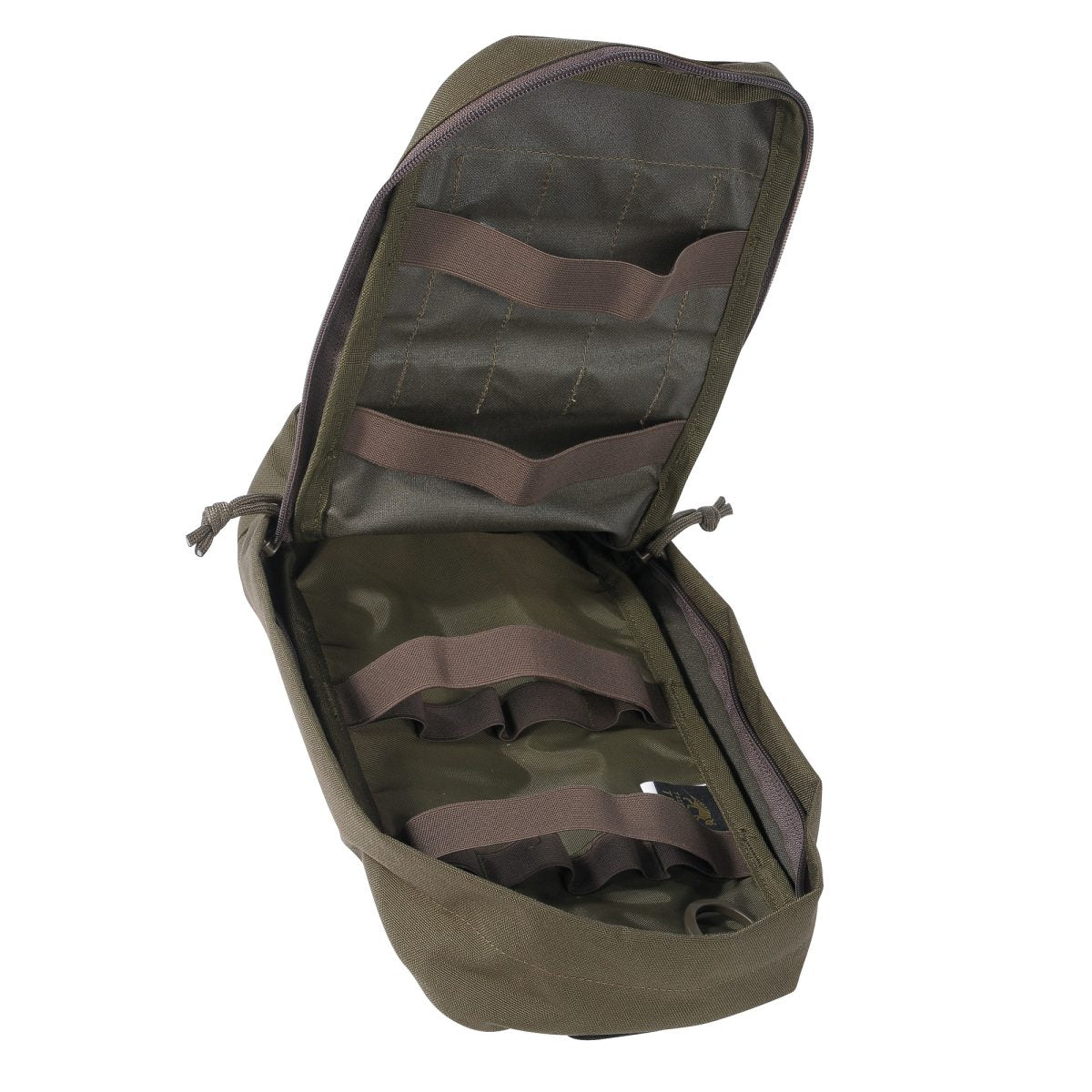 Interior view of main compartment five litre Tasmanian Tiger tac pouch with internal D-ring, elastic loops and fixation points - Olive