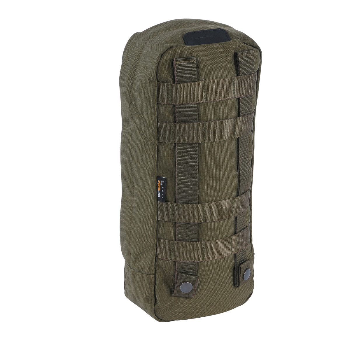 Three quarter back view of five litre Tasmanian Tiger tac pouch MOLLE snap button system requiring three MOLLE loops - Olive