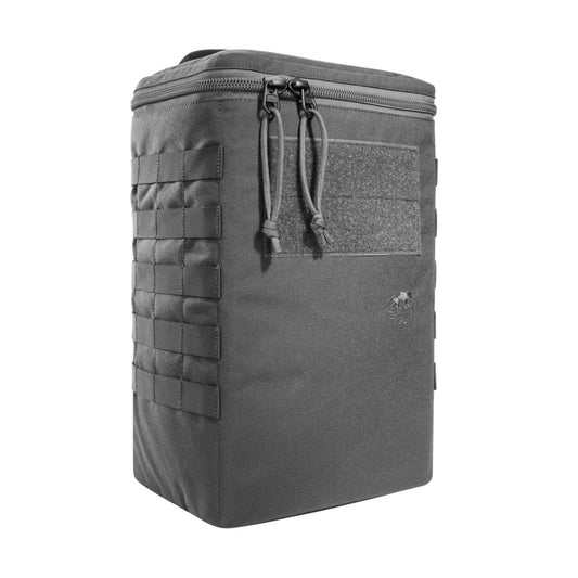 Three quarter front view of five litre Tasmanian Tiger Thermo Pouch with zippered lid with insulated overlap with top carry handle, hook-and-loop closure patch and MOLLE system - Black | Ships Within New Zealand